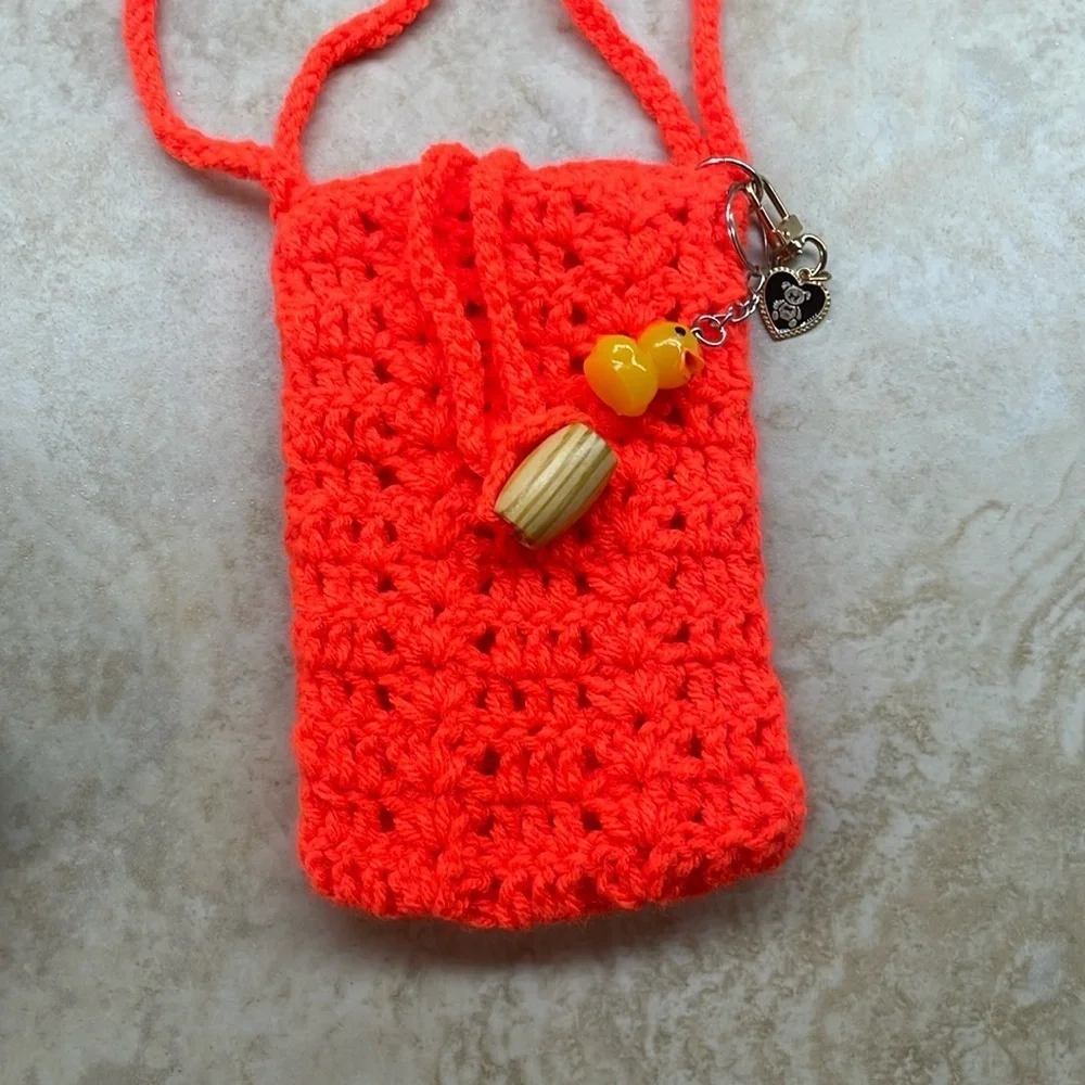 Crochet Bag Crossbody Shoulder Stretch Phone Purse Case Orange Small Handmade